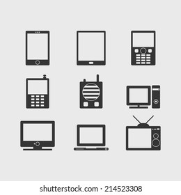Vector flat isolated silhouette set of icons for modern technology devices that used in web design. Cellular phone, smartphone, radio, computer, notebook, netbook,LCD monitor, television with antenna.