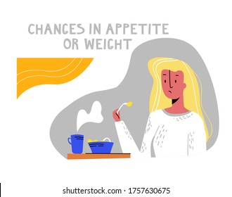 Vector aisló a una joven comiendo. Ella mira la comida con disgusto.  Concepto de trastornos de la anorexia o de la bulimia alimentaria, Se puede usar en cualquier producto de impresión, diseño web de orientación médica.