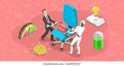 Vector Flat Isometric Concept of competition of Human Versus Robot. Arteficial Intelegence. Business Automation.