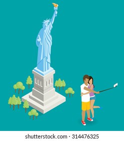 Vector flat isometric couple making selfie near the Statue of Liberty in USA