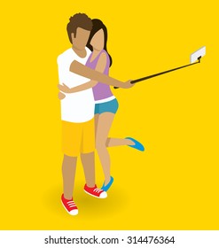 Vector flat isometric couple making selfie