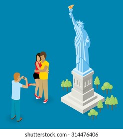 Vector flat isometric couple making selfie near the Statue of Liberty in USA