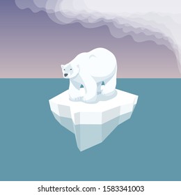 Vector Flat Isometric Environment Pollution And Global Warming Illustration. Melting Iceberg And White Bear With Plastic Garbage In The Water. Conceptual Image Of Melting Glacier With Polar Bear