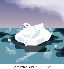 Vector Flat Isometric Environment Pollution And Global Warming Illustration. Melting Iceberg And And Fur Seal With Plastic Garbage, Oil In The Water. Conceptual Image Of Melting Glacier