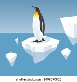 Vector Flat Isometric Global Warming Illustration. Melting Iceberg And Penguin. Effect Of Global Warming In Nature. Conceptual Image Of Melting Glacier With King Penguin In Deep Blue Water