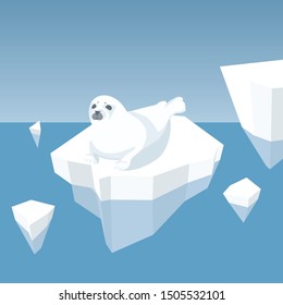 Vector Flat Isometric Global Warming Illustration. Melting Iceberg And Fur Seal. Conceptual Image Of Melting Glacier With Fur Seal In Deep Blue Water