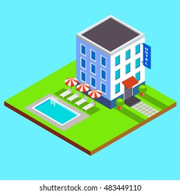 vector flat isometric hotel building with swimming pool