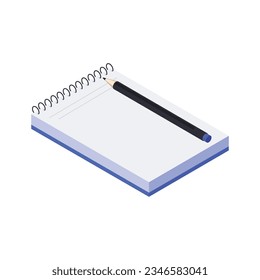 Vector flat isometric illustration of blank notebook with a pencil above.