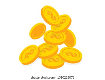 Vector flat isometric illustration. falling coins in a pile
