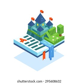 Vector flat isometric illustration of fantasy book. Fairy tales. Castle, waterfall, tree.