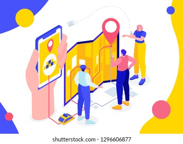 Vector flat isometric illustration. order a taxi through mobile application. tracking the car through the navigator. isometric сarsharing auto onlain car order. route laying in a mobile app