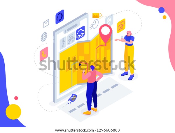 Vector flat isometric illustration. order a taxi\
through mobile application. tracking the car through the navigator.\
isometric сarsharing auto onlain car order. route laying in a\
mobile app