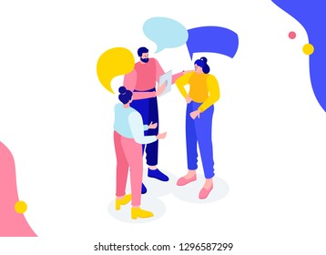 Vector flat isometric illustration. people talk, meet, establish business partnerships. Live communication with friends and colleagues for work of. business networking