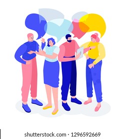 Vector flat isometric illustration. people talk, meet, establish business partnerships. social relations with other people who share similar personal or career interests.