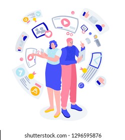 Vector flat isometric illustration. people work and have fun on the global Internet using smartphones and laptops. entertainment mobile app