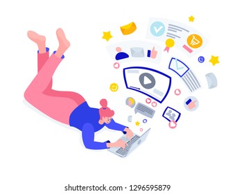 Vector flat isometric illustration. people work and have fun on the global Internet using smartphones and laptops. entertainment mobile app