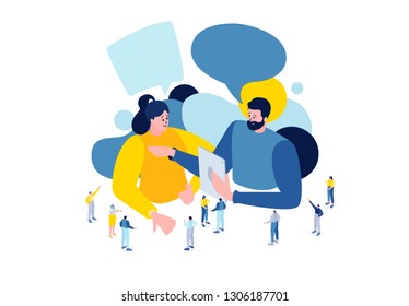 Vector flat isometric illustration. people talk, meet, establish business partnerships. social relations with other people who share similar personal or career interests.