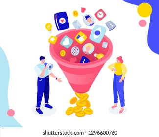 Vector flat isometric illustration. Sales funnel - principle distribution customers by stages sales process from the first contact conclusion transaction. cold contact, interest, persuasion, purchase