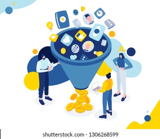 Vector flat isometric illustration. Sales funnel - principle distribution customers by stages sales process from the first contact conclusion transaction. cold contact, interest, persuasion, purchase Vector flat isometric illustration. Sales funnel - principle distribution customers by stages sales process from the first contact conclusion transaction. cold contact, interest, persuasion, purchase