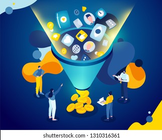 Vector flat isometric illustration. Sales funnel - principle distribution customers by stages sales process from the first contact conclusion transaction. cold contact, interest, persuasion, purchase