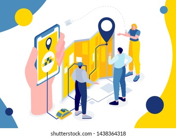 Vector flat isometric metaphor illustration. order a taxi through mobile application. tracking the car through the navigator. isometric сarsharing auto onlain car order. route laying in a mobile app