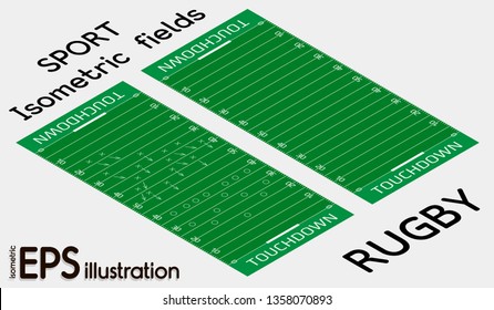 Vector flat isometric view of rugby field illustration. Abstract isometric sport illustration