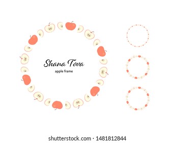 Vector flat israel new year celebration banner design set. Hebrew text Shana tova means "Happy new year" with apple slice symbol in circle frame isolated on white. Design for poster, card, greeting