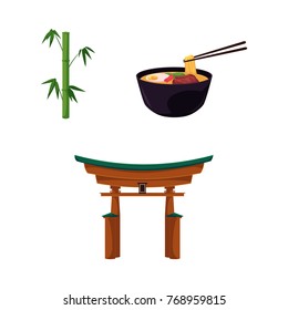 vector flat japan symbols set. Green Bamboo stems sticks with green leaves, oriental ancient traditional building - torii gate, bowl with eastern noodles icon . Isolated illustration white background
