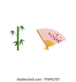 vector flat japan symbols set. Green Bamboo stems sticks with green leaves, oriental folding fan with japanese sakura branch with flowers print icon . Isolated illustration on a white background.