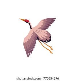vector flat Japan traditional flying bird - crane flapping wings icon image, cartoon style japanese symbols concept. Isolated illustration on a white background.