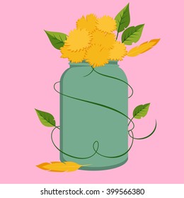 Vector flat jar with summer flowers dandelion and feather