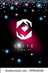 Vector flat jewelry logo isolated on black background. Diamond shop, crystal store brand mark. Accessory store, jewel business insignia. Advertisement design. Poster, placard, card, leaflet.