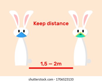 Vector flat "keep distance" warning with rabbits on a light orange background