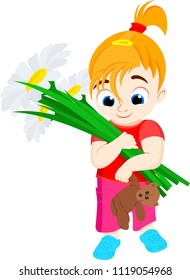 vector flat kid girl with bear toy and flowers