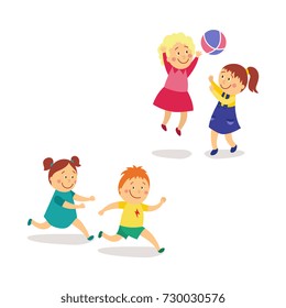 vector flat kids activity in kindergarten set. girl and boy having fun playing catch-up and tag running game, girls play with inflatable ball smiling. Isolated illustration on a white background.