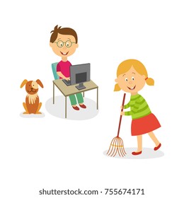 vector flat kids doing household chores set. Girl cleaning, sweeping the floor by broom, dog puppy pet sitting near, boy working at desktop computer in glasses. Isolated illustration.