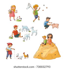 vector flat kids at farm set. boy sitting at meadow grazing goats, girl, boy feeding chickens pig, kids collecting flowers, butterflies, sitting at haystack. Isolated illustration on white background.