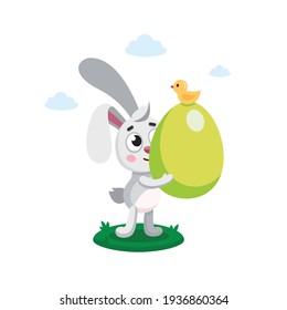 Vector flat kid's illustration of easter rabbit, bunny, hare holding painted egg. Easter character, mascot. Easter illustration, postcard, banner, poster, sticker