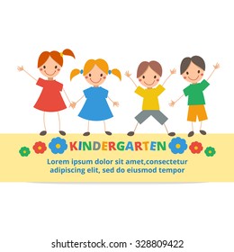
Vector flat Kids Kindergarten card. Happy children illustration with text place. Background with cute cartoon kids. Can be used for banners, backgrounds, birthday cards, posters, greeting card