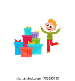 vector flat kids with presents. Young boy in casual clothing dancing near present boxes with colored ribbons, wrappings smiling . Isolated illustration on white background