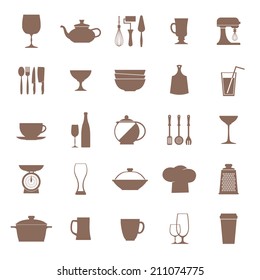 Vector flat kitchen dishes icons set