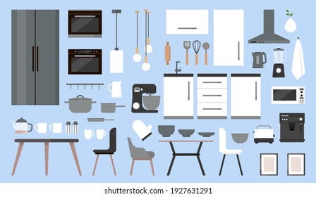 Vector flat kitchen furniture set. Furniture store advertisement. Assemble kitchen yourself. Illustration for the site of a kitchen store. Refrigerator, oven, tiled wall, yellow chairs, dining table