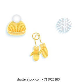 vector flat knitted winter cap with pompon, mitten gloves snowflake icon set. Isolated illustration on a white background. Winter symbols concept
