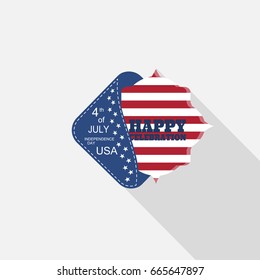 Vector flat label for Happy celebration of Independence Day with blue pocket, insert square with american flag and long shadow on the light gray background.