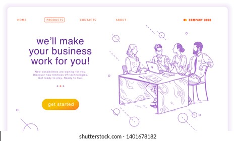 Vector flat landing page design template. Teamwork, company support concept. Online business solutions. Hand drawn sketch style illustration of office people brainstorming. For mobile app, ui, web.