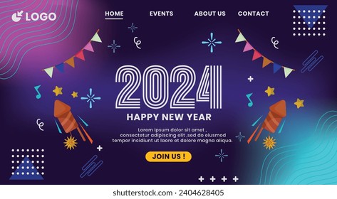 Vector flat landing page template for New Year 2024 celebration.
