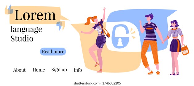 Vector flat landing page, web design language or psychological school. It shows greeting people who talking bubbles on abstract background in form intersecting bubbles with open barn lock. Horizontal.