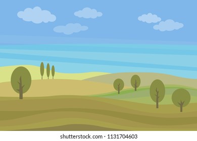 Vector flat landscape with green hills and trees and blue bright sky with clouds.