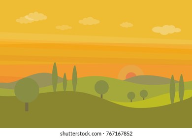 Vector flat landscape with green hills, trees and orange sunset sky with clouds