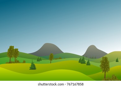 Vector flat landscape with green hills and trees and blue bright sky.